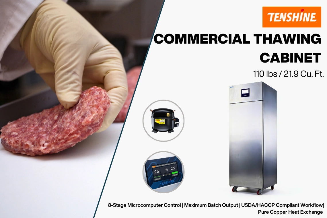 Overview graphic of the Tenshine commercial thawing cabinet showing a chef handling a burger patty, highlighting the 110 lbs / 21.9 Cu. Ft. capacity and 8-stage microcomputer control.