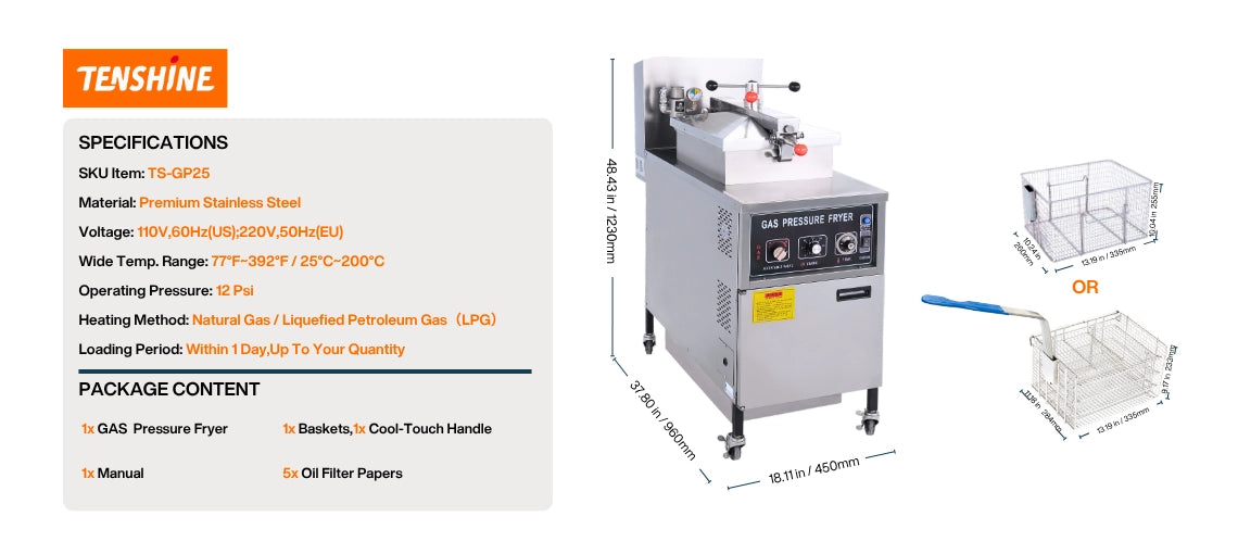 Exact dimensions and physical specifications of the 25L LPG pressure deep fryer with premium stainless steel construction.