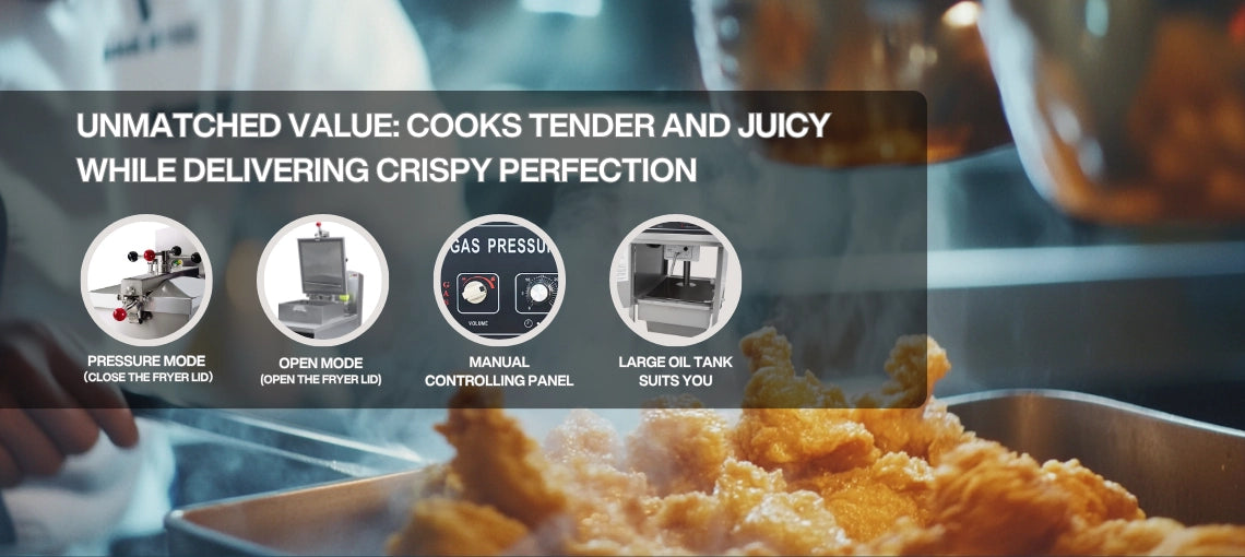 Unmatched value of the outdoor catering gas fryer featuring pressure mode, open frying mode, and a manual controlling panel.