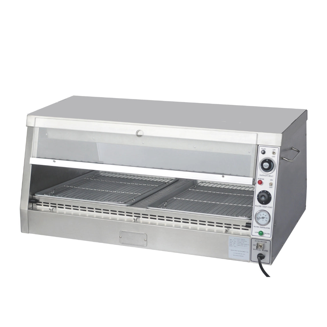Angled view of the Tenshine TS-DW2 pass-through fried chicken warmer, showcasing the precise water temperature and radiant heat analog controls.