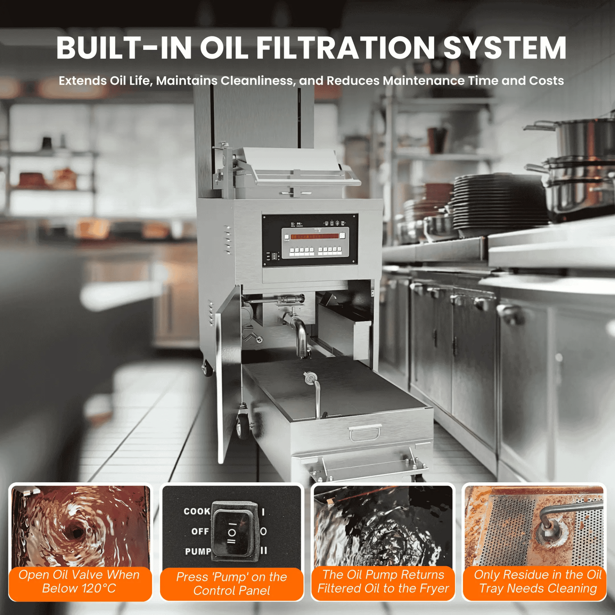 Built in oil filtration system on large commercial gas pressure fryer PFG 5910