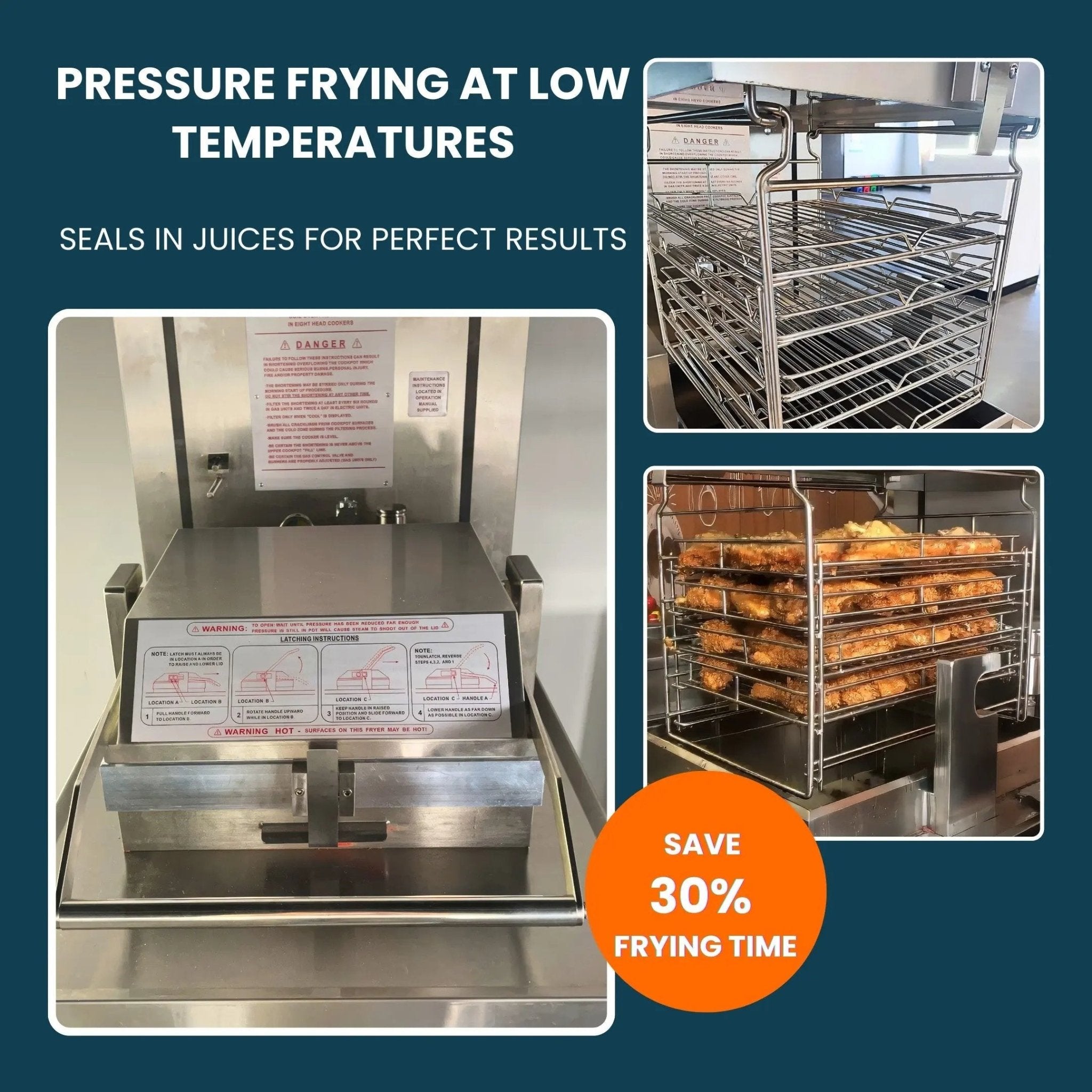 pressure fryer with automatic basket lift raising cooked chicken