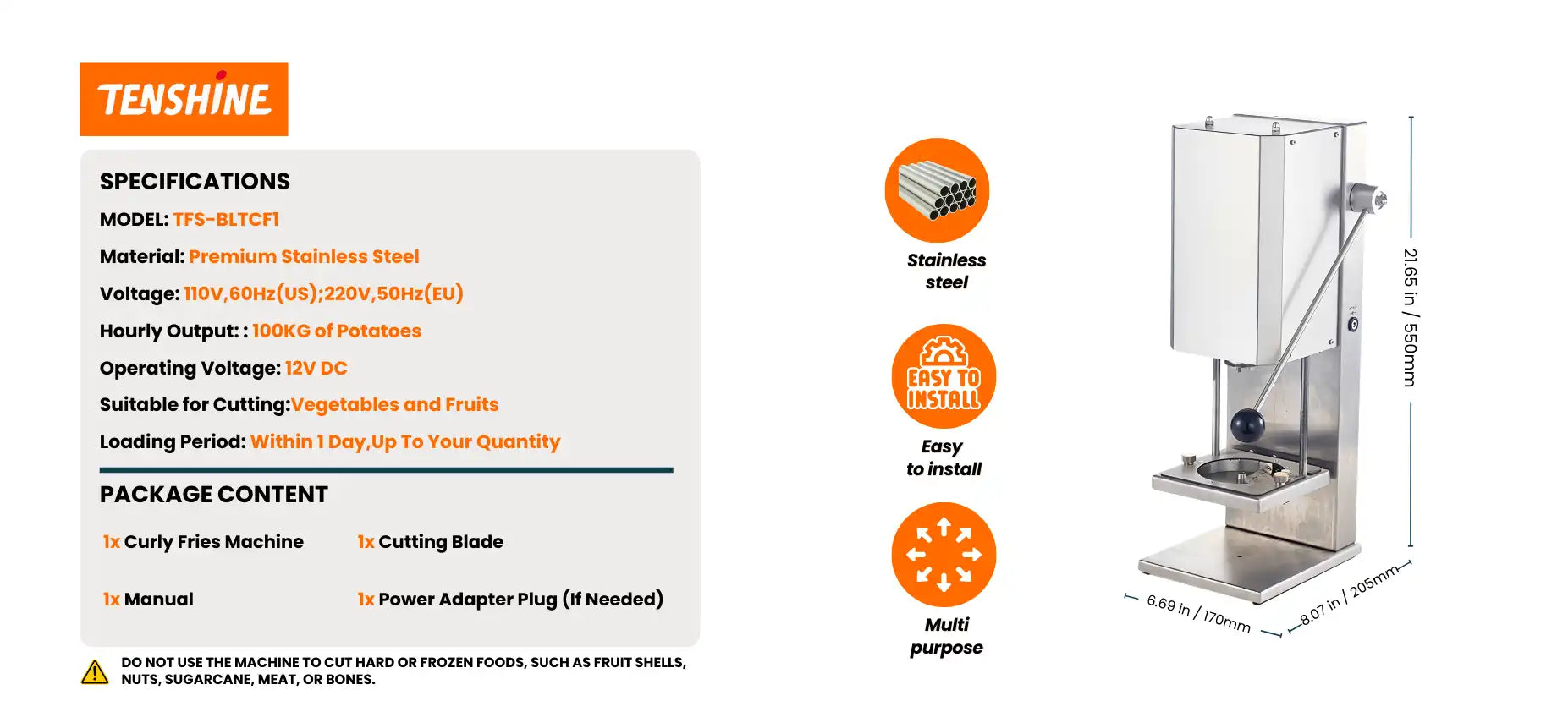 Electrical requirements and production capacity parameters part two for the electric potato spiral cutter machine.