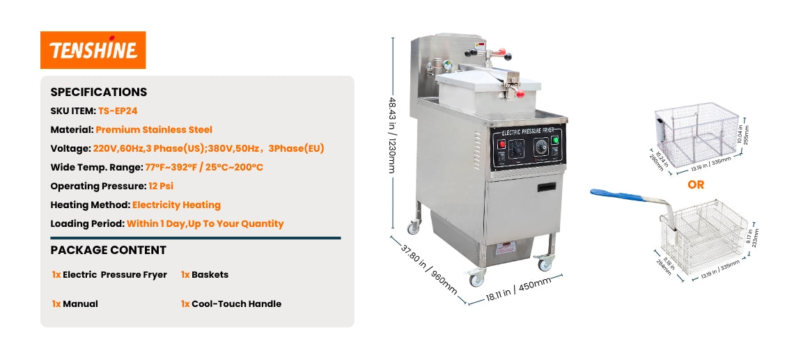 Technical specifications and dimensions chart for the TS-EP24 pressure fryer commercial system, highlighting its robust 13.5kW heating elements.