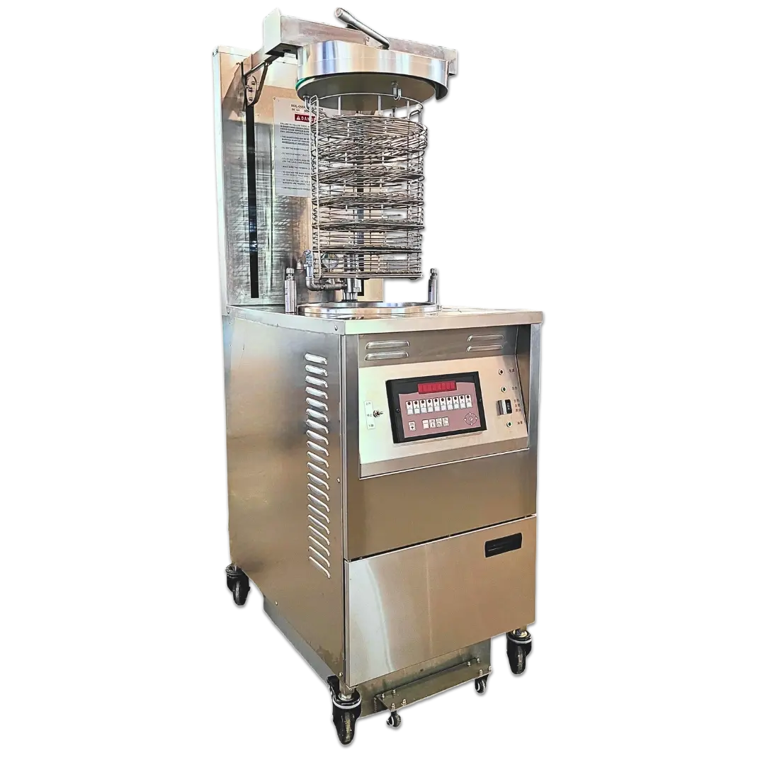 Pressure fryer for broasted chicken featuring an advanced digital control system and high-capacity cooking chamber, ideal for commercial use. Perfect as a pressure deep fryer and commercial pressure fryer.