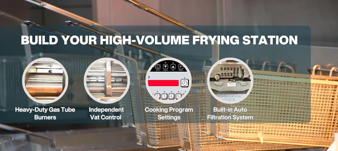 Technical specifications of the Tenshine TS-GF322 propane deep fryer commercial model, highlighting its 50L oil capacity and dual-unit dimensions.