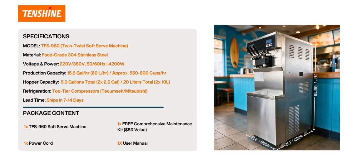 Technical specifications for the Tenshine 960, a high-volume Taylor soft serve machine alternative, featuring 4200W power and dual 2.6 Gal hoppers.