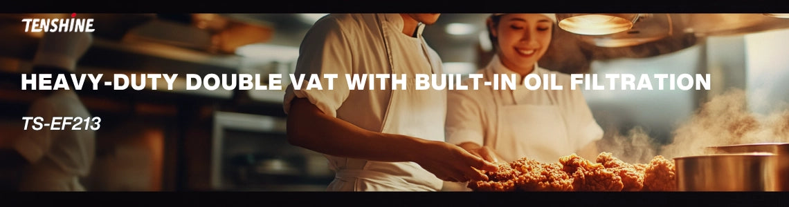 Chefs in a professional kitchen using the Tenshine heavy-duty double vat commercial deep fryer with built-in oil filtration system.