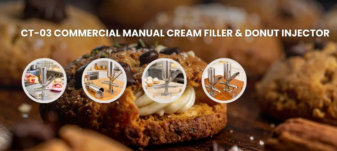 Tenshine CT-03 commercial manual cream filler and donut injector banner showing various bakery filling applications.