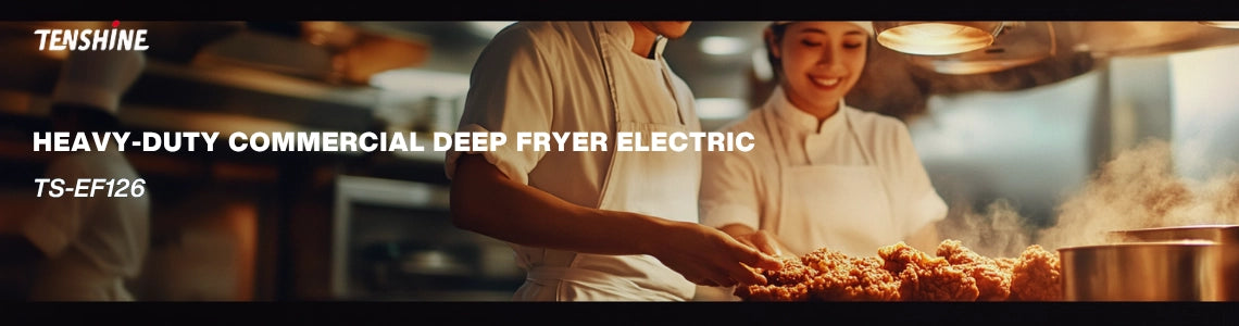Professional chefs cooking crispy fried chicken in a busy commercial kitchen using the Tenshine TS-EF126 heavy-duty commercial deep fryer electric, maximizing peak-hour throughput.
