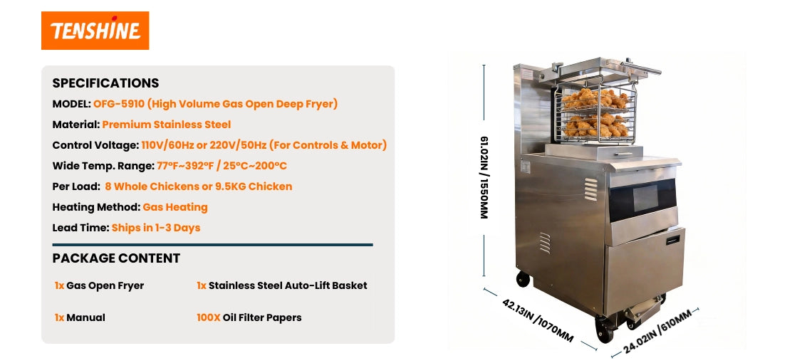 Technical specifications and dimensions for Tenshine OFG-5910 Commercial Gas Open Fryer. Shows 45L oil capacity, gas heating method, dimensions (1550mm height), and package contents.