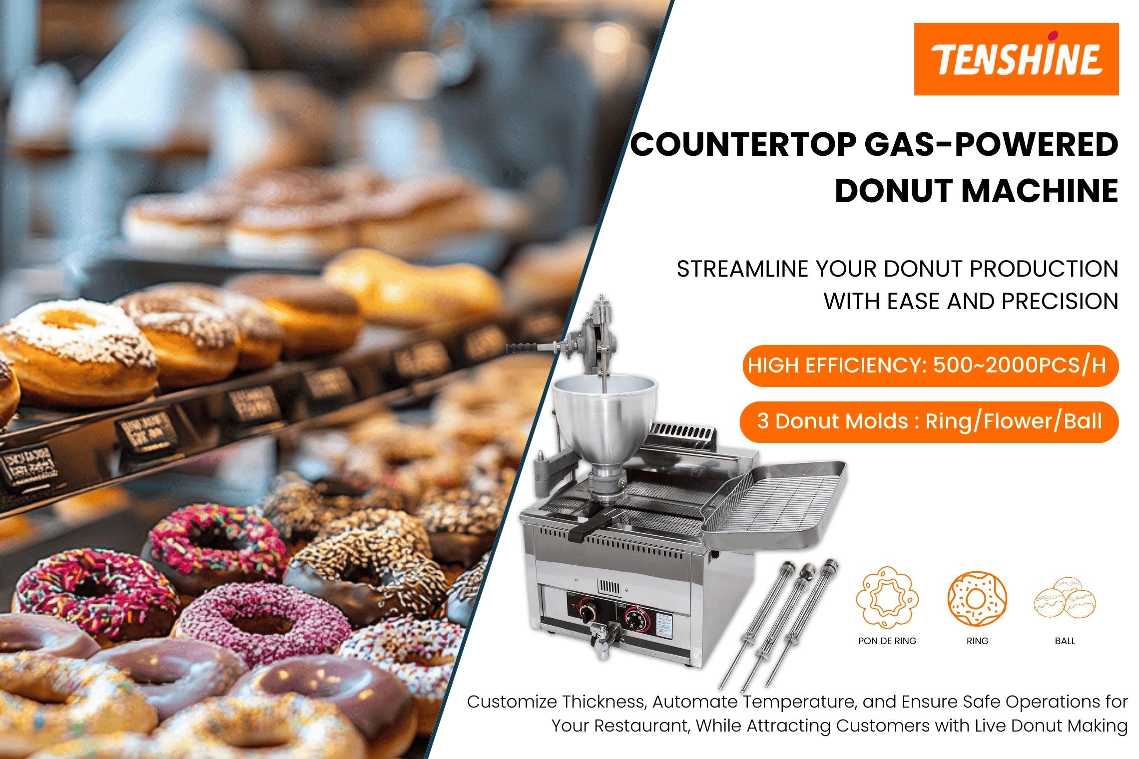 Hero banner of the Tenshine T-102RQ manual gas doughnut maker, designed for 100% off-grid food truck operations with zero electricity required.