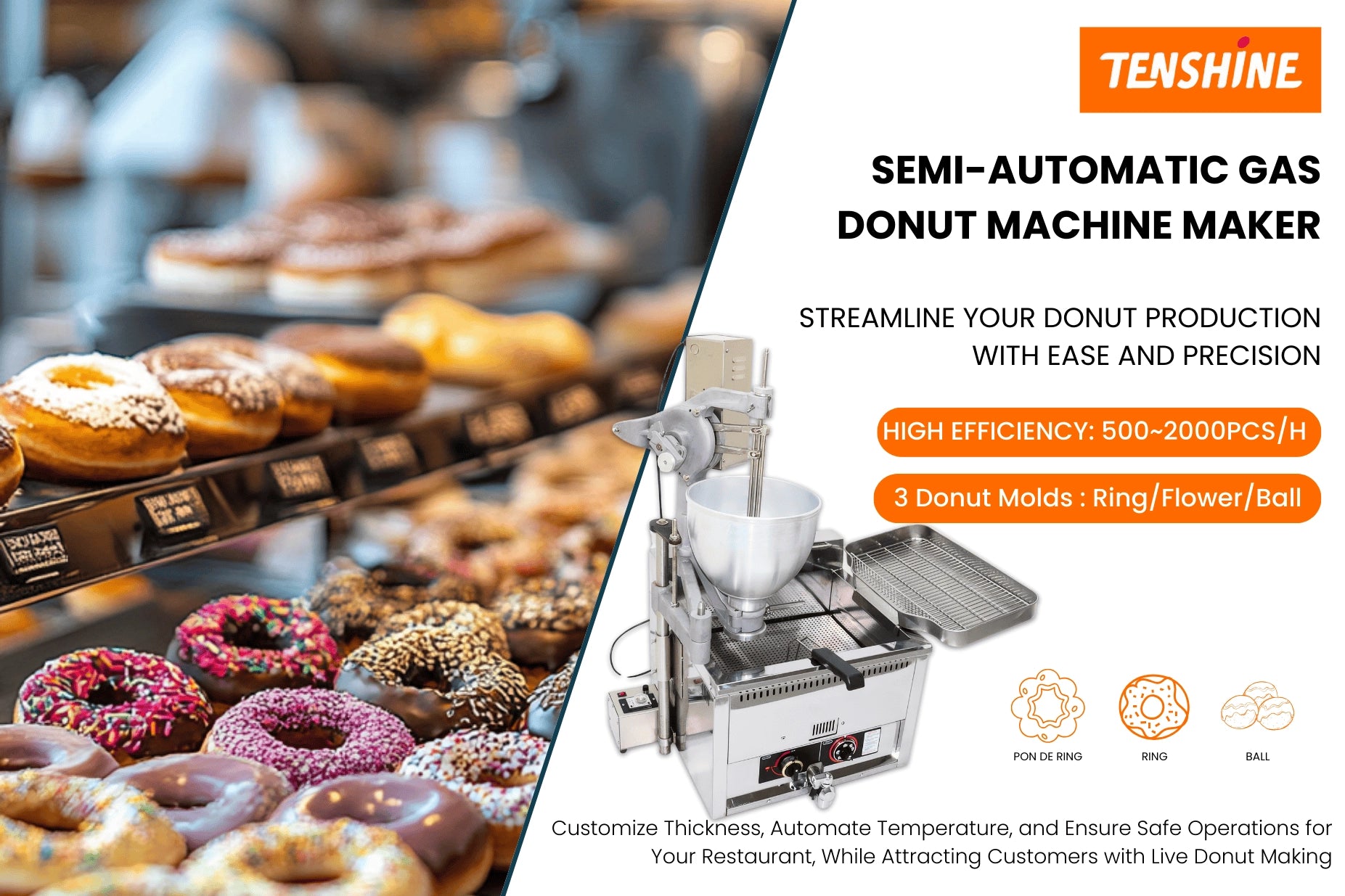 Hero banner of the Tenshine T-102SRQ commercial gas donut maker machine, designed for high-volume bakeries and food trucks with massive 12kW heating.