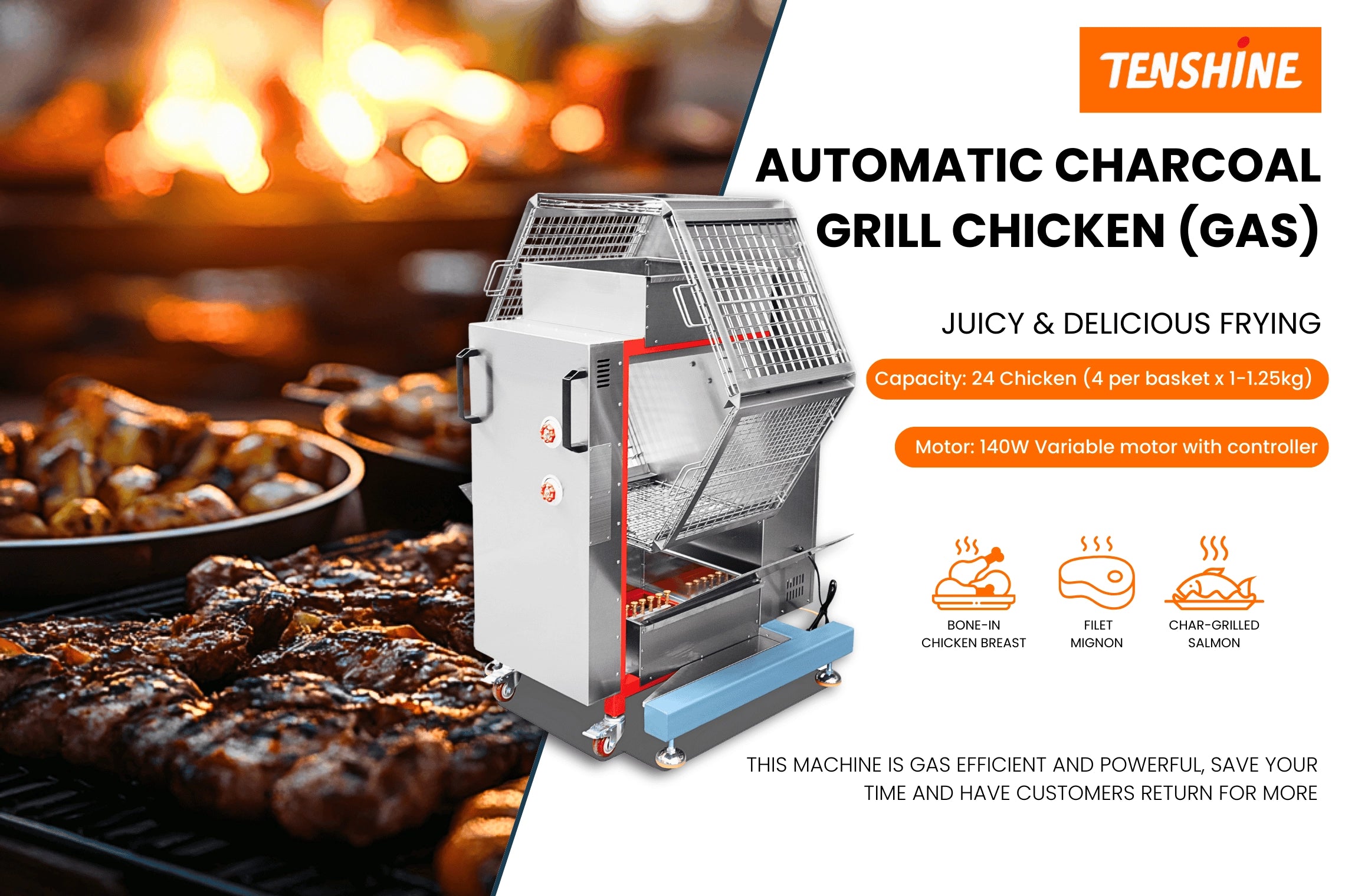 Hero image of the Tenshine TFS-24G commercial chicken rotisserie machine, highlighting its dual-fuel technology for high-volume restaurants.