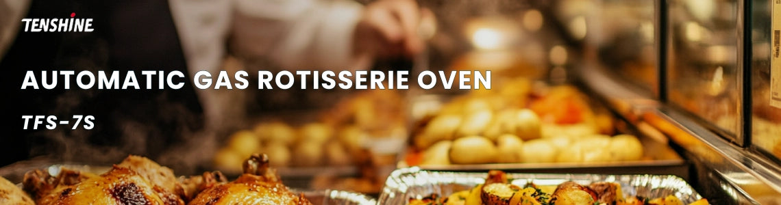 Banner image for Tenshine TFS-7S Automatic Gas Rotisserie Oven. Background features freshly roasted golden chicken in a commercial display warmer.
