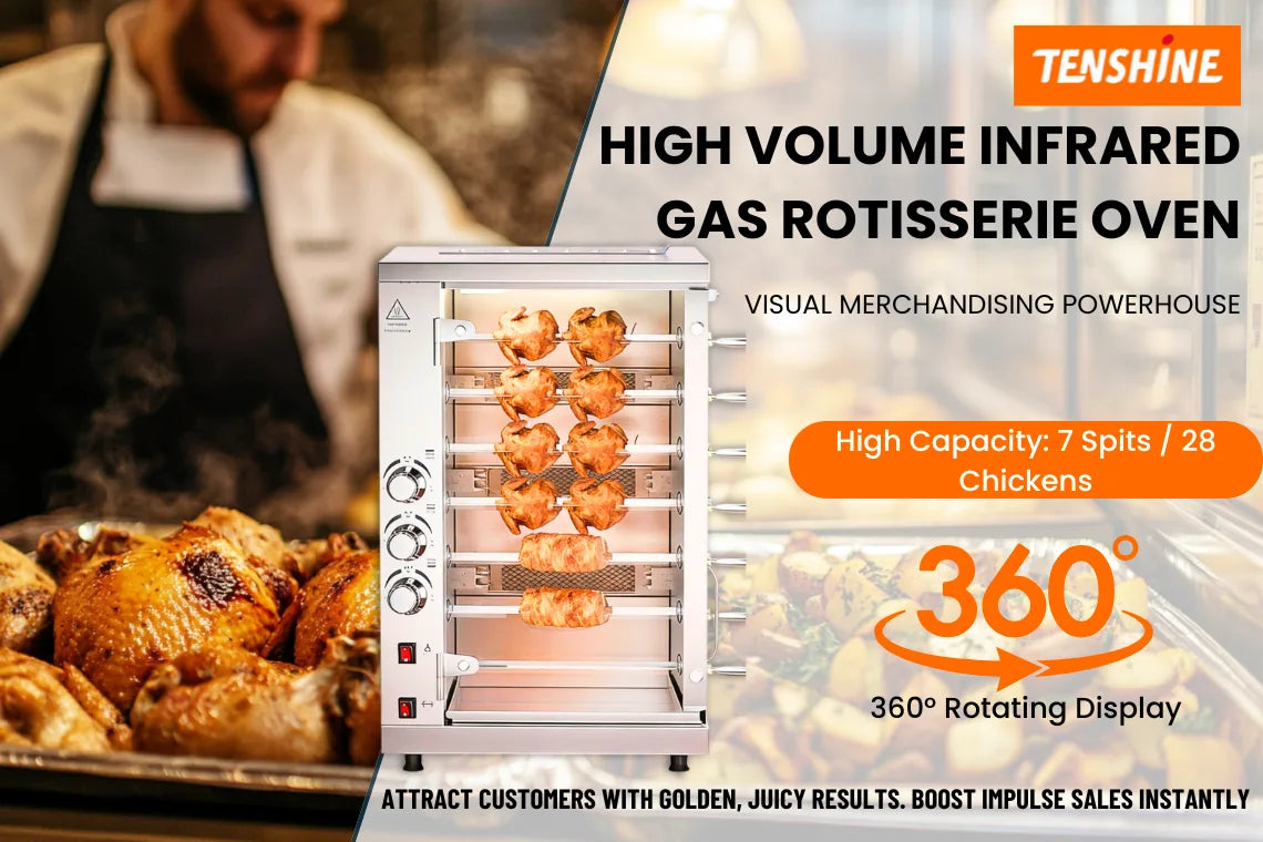 Promotional banner for Tenshine TFS-7S High Volume Infrared Gas Rotisserie Oven. Background shows a chef and roasted chicken. Text highlights