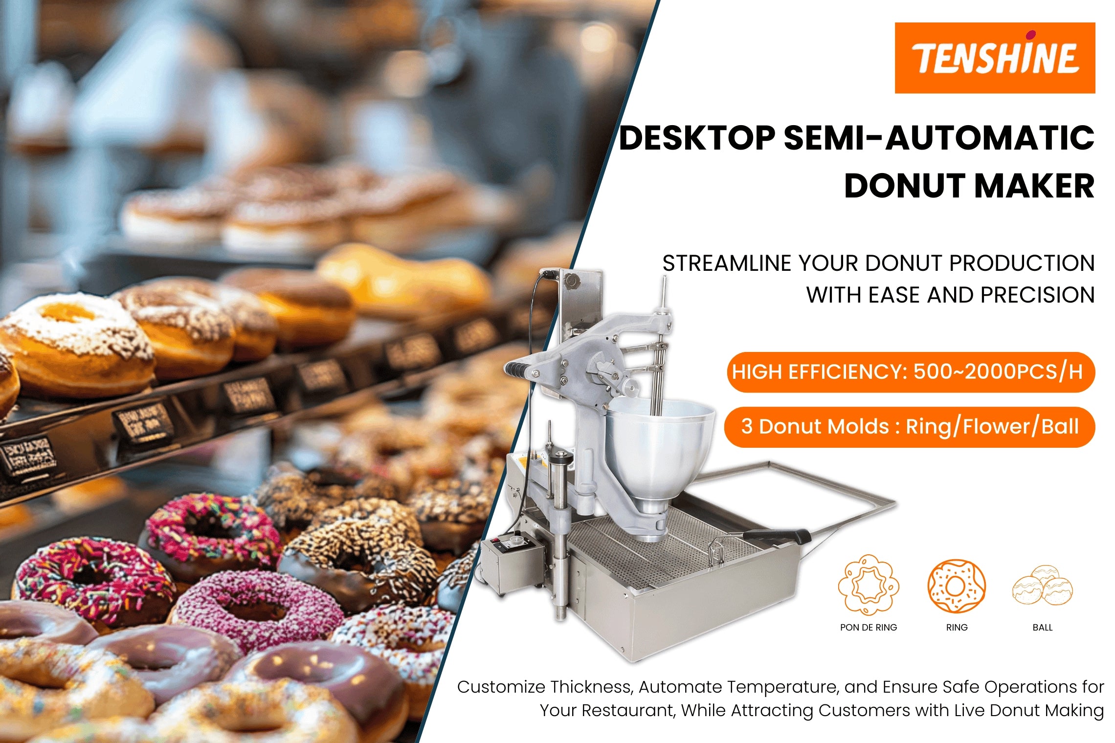 Hero banner of the Tenshine TFS-T102S commercial electric donut maker machine, engineered for high-volume bakeries and QSR chains.