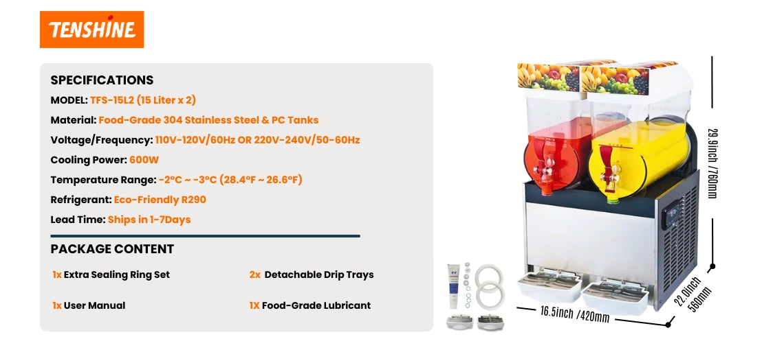 Specifications, package content including extra sealing rings and food-grade lubricant, and exact dimensions (16.5x22.0x29.9 inches) for the Tenshine 2-bowl slushy machine.