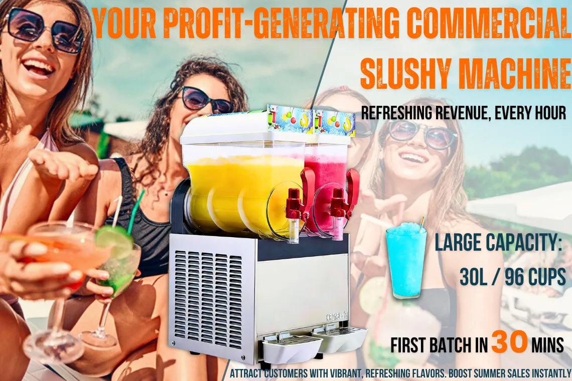Tenshine TFS-15L2 commercial slushy machine hero banner, highlighting large 30L capacity, 96 cups output, and first batch ready in 30 minutes to boost summer sales.