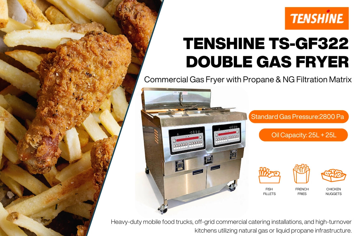 Front view of the Tenshine TS-GF322 double gas fryer, a high-volume commercial gas fryer with propane & NG filtration matrix.