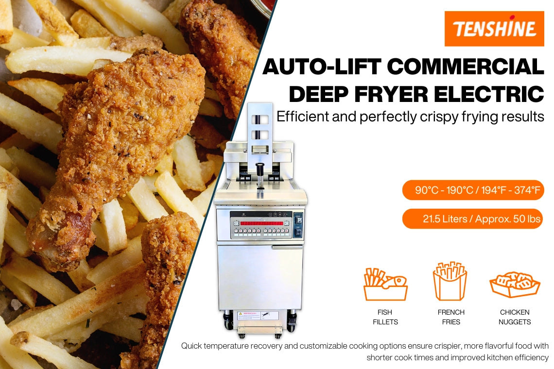 Tenshine TF-EFH126 auto lift commercial deep fryer electric delivering efficient and perfectly crispy frying results. Features a high-capacity 21.5 Liters (approx. 50 lbs) vat.