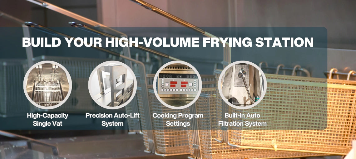 Build your high-volume frying station with this electric commercial fryer with basket lift. Detail shots show the precision auto-lift system and high-capacity single vat.