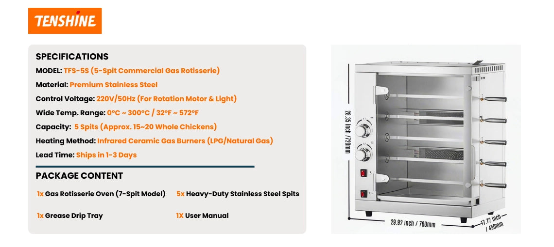 Detailed product specifications, dimensions, and package content for the TFS-5S 5-spit commercial gas rotisserie oven.