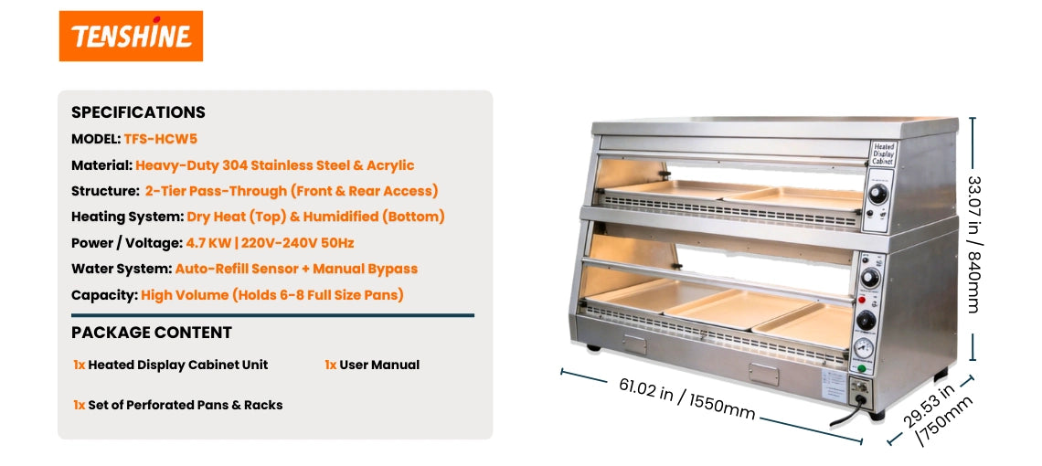 Product parameters and dimensions for Tenshine TFS-HCW5 heated display cabinet. Specifications: 4.7KW power, 1550mm width, dual-zone heating, and package contents.