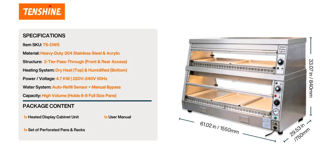 Product parameters and dimensions for Tenshine TS-DW5 heated display cabinet. Specifications: 4.7KW power, 1550mm width, dual-zone heating, and package contents.