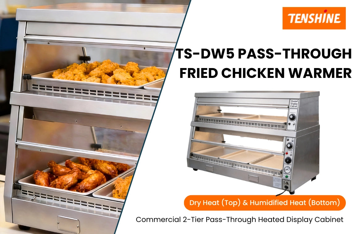 Tenshine TS-DW5 promotional banner featuring the Pass-Through Fried Chicken Warmer. Highlights: Commercial 2-Tier Heated Display Cabinet with Dry Heat & Humidified Heat technology.