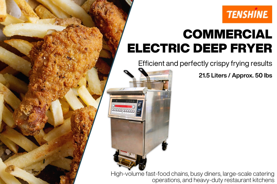 Tenshine TS-EF126 commercial electric deep fryer producing perfectly crispy frying results for high-volume fast-food chains. Features a 21.5 Liters (approx. 50 lbs) capacity.