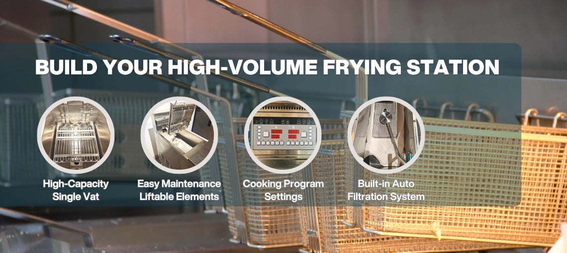 High-volume frying station features of the TS-EF126 electric fryer commercial unit, highlighting easy maintenance liftable heating elements and a built-in auto filtration system.