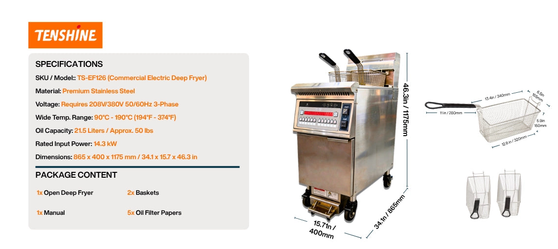 Exact dimensions and package content of the TS-EF126 restaurant deep fryer. Floor model measures 34.1 x 15.7 x 46.3 in (865 x 400 x 1175 mm), operating from 194°F - 374°F (90°C - 190°C).
