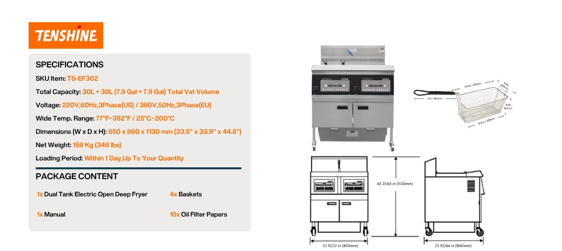 Visual dimension guide and power parameters for the TS-EF302 commercial deep fryer electric model, featuring exact dual-unit measurements for optimal North American and Global floor layouts.