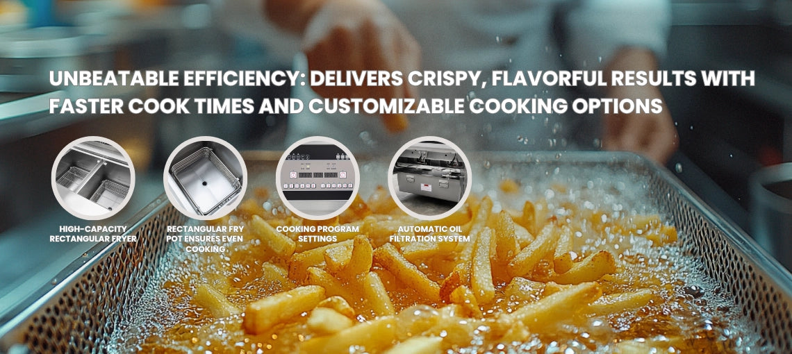 Close-up views of the TS-EF302 heavy-duty components, including the digital control board, robust stainless steel vats, and durable commercial fryer baskets designed for peak hours.
