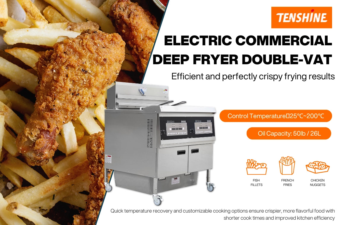 The TS-EF302 heavy-duty electric commercial deep fryer designed for high-volume restaurant kitchens, ensuring lightning-fast heat recovery and standardized output.