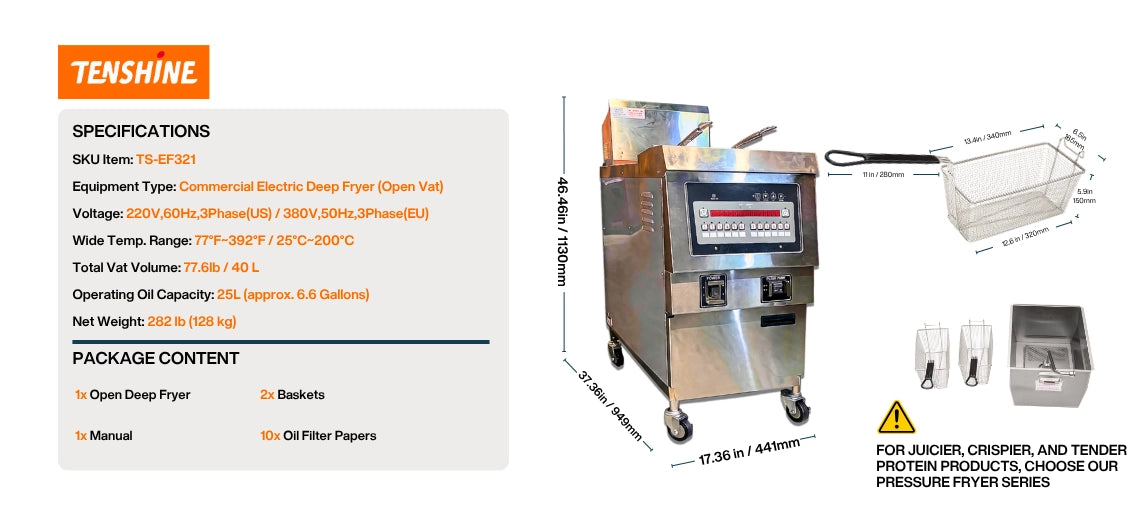 Detailed graphical breakdown of the 14.2kW heavy duty electric fryer highlighting its 40L vat and rapid heat recovery.