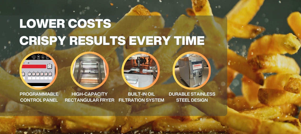 Promotional banner showcasing the four core heavy-duty features of the TS-EF321 commercial electric deep fryer.