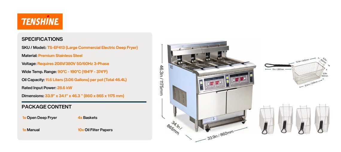 Technical specifications and exact dimensions for the TS-EF413 4-vat commercial deep fryer, highlighting its 28.6kW heavy-duty electric power.
