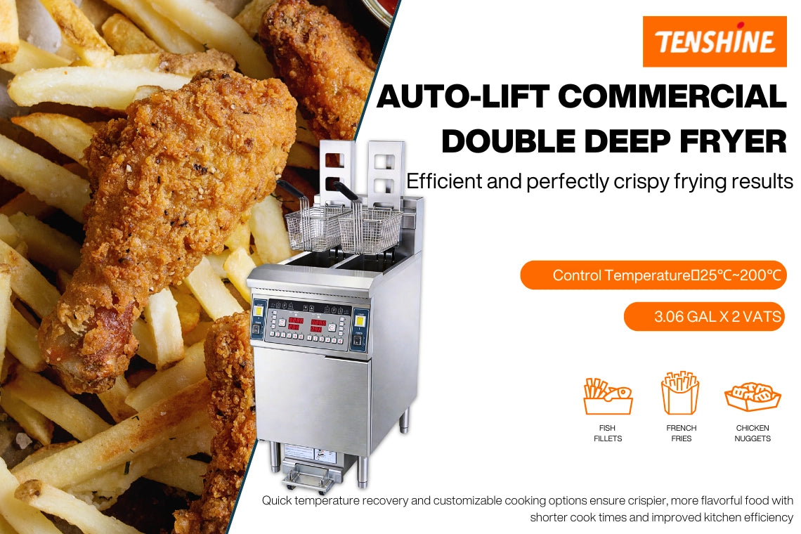 Tenshine TS-EFH213 auto-lift commercial deep fryer, featuring programmable baskets and efficient 3-phase heating for perfectly crispy results.