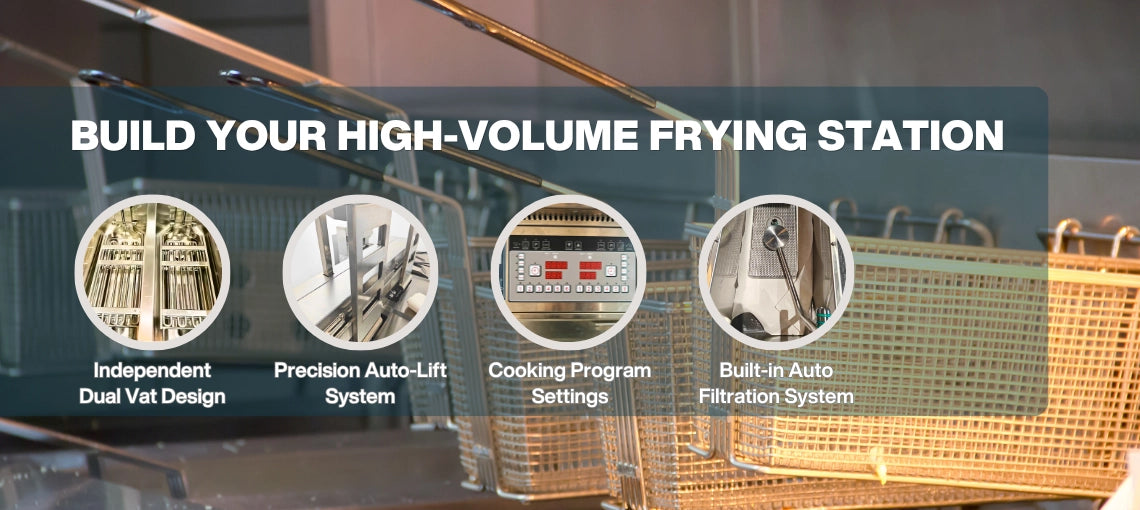 High-volume frying station benefits of the TS-EFH213 restaurant fryer, highlighting the precision auto-lift arm and automatic oil pump.
