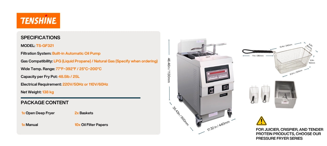 Functional data and dimensional graphic for the TS-GF321 commercial gas deep fryer ensuring perfect fit in tight kitchen spaces.
