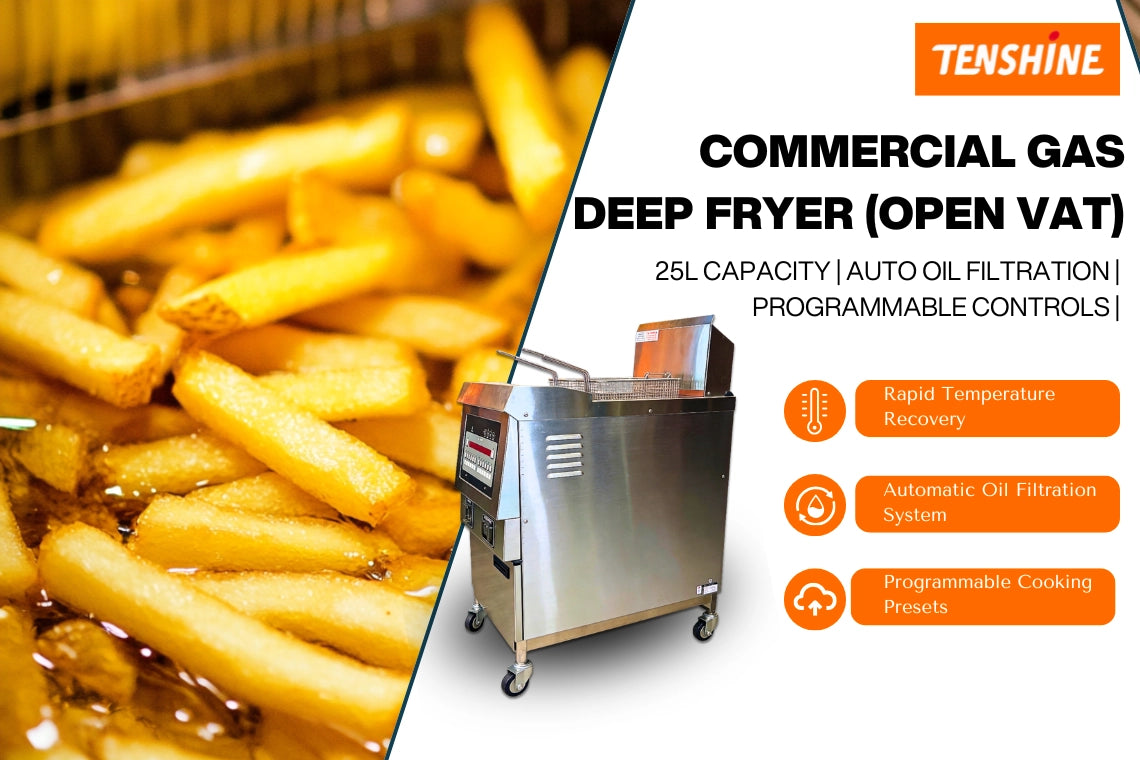 Main hero view of the TS-GF321 commercial gas deep fryer showing its heavy-duty open vat design for high-volume cooking.