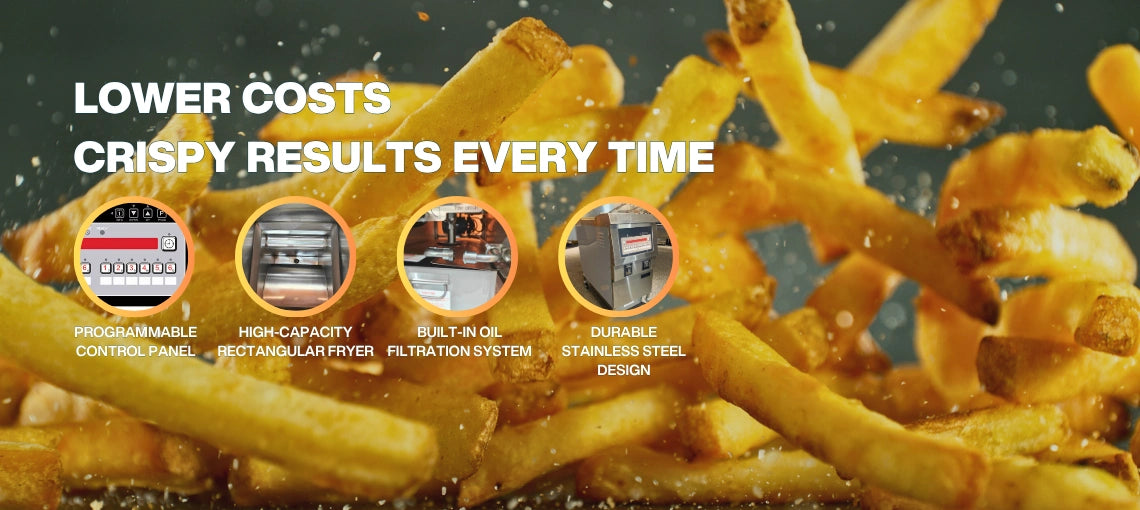 Performance promotional banner highlighting how the TS-GF321 commercial gas fryer extends oil life and reduces operational costs.