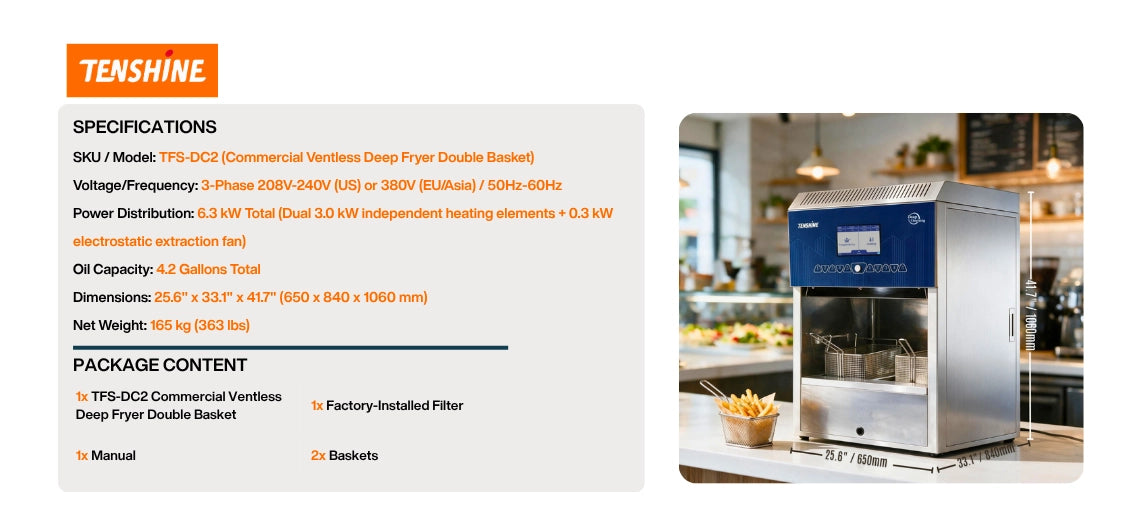 Complete specifications and package contents for the Tenshine TFS-DC2 double basket ventless commercial deep fryer, featuring a 165kg heavy-duty build.