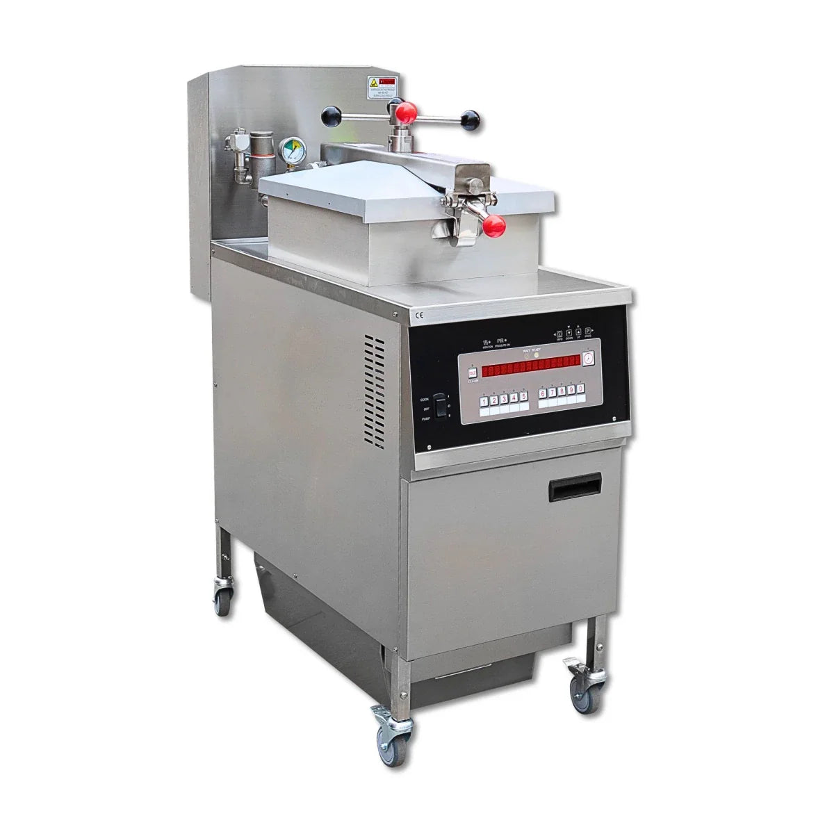 Tenshine TS-EP800 Electric & TS-GP800 Gas Commercial Pressure Fryer product shot, showcasing its stainless steel construction and computer control panel on a white background.