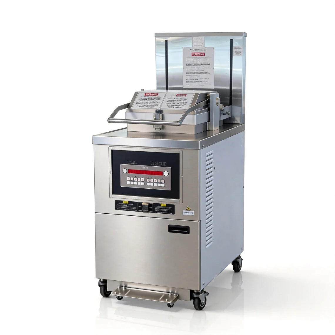 Heavy-duty Tenshine TS-GP5910 8-head commercial gas pressure fryer with built-in filtration and auto-lift system, isolated on a white background. 