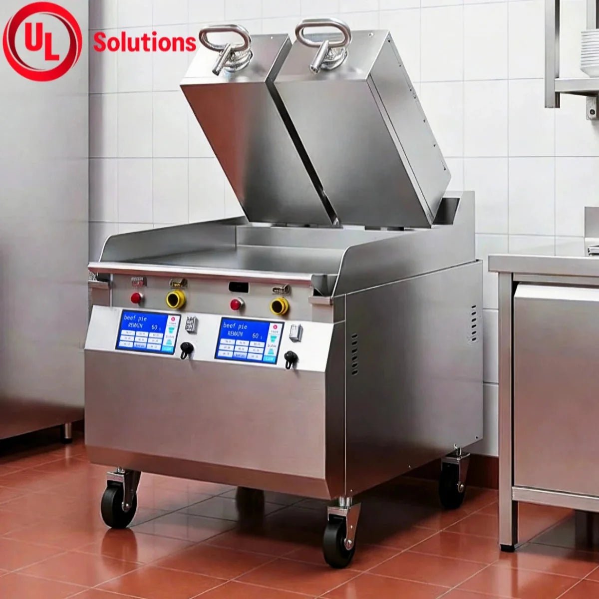 A Tenshine TS-CG2 double-zone commercial electric griddle and clamshell grill with independent controllers, cooking burgers rapidly for food trucks and fast food chains.