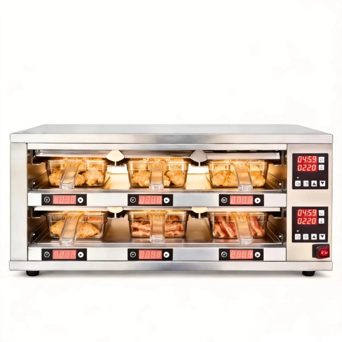 Commercial 6-pan electric pass-through patty holding bin keeping burgers and fried chicken hot and juicy for fast food restaurants