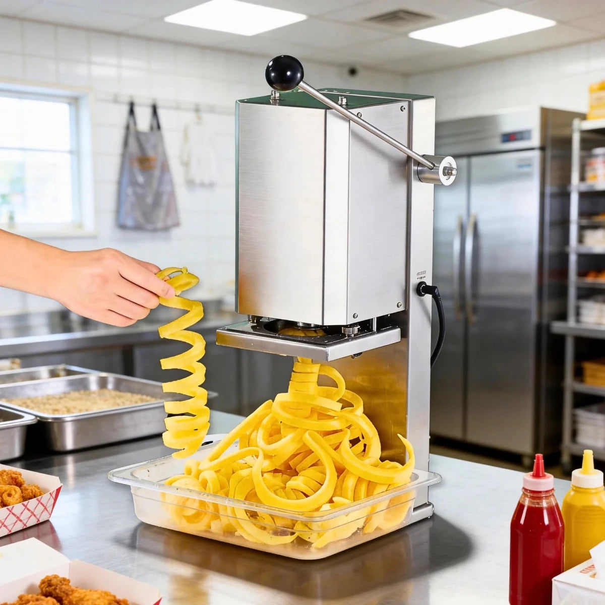 A heavy-duty commercial spiral potato cutter quickly slicing fresh potatoes into a fryer basket. Perfect high-yield curly fry cutter for restaurants and food trucks.